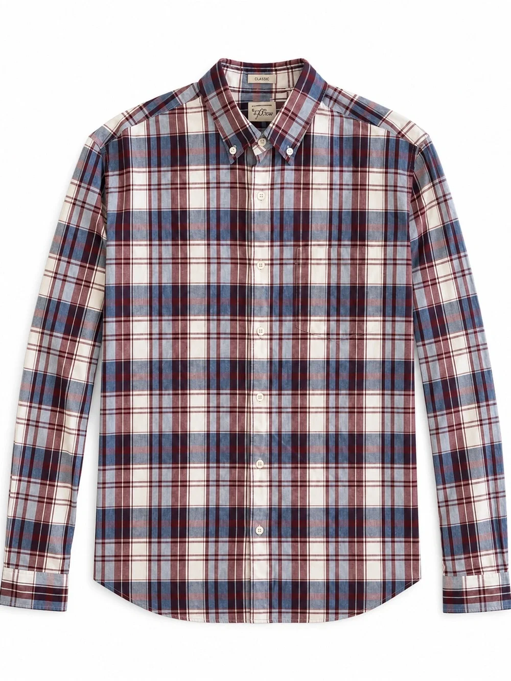 J.Crew Mens Medium Classic Fit Plaid Button Down Shirt Burgundy Blue Cotton